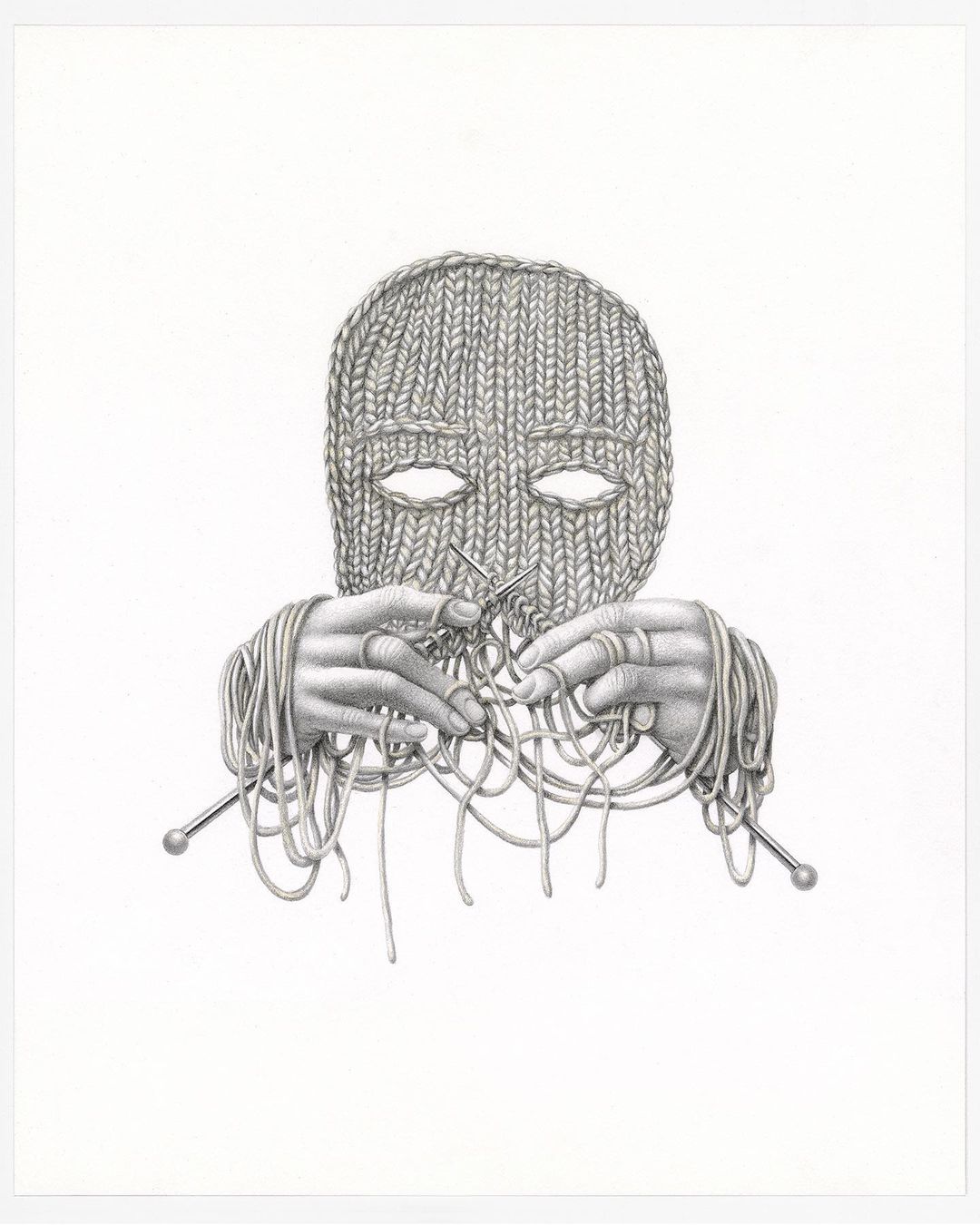 Illustration of hands knitting a ski mask with yarn and knitting needles on white. Graphic art with grey tones.