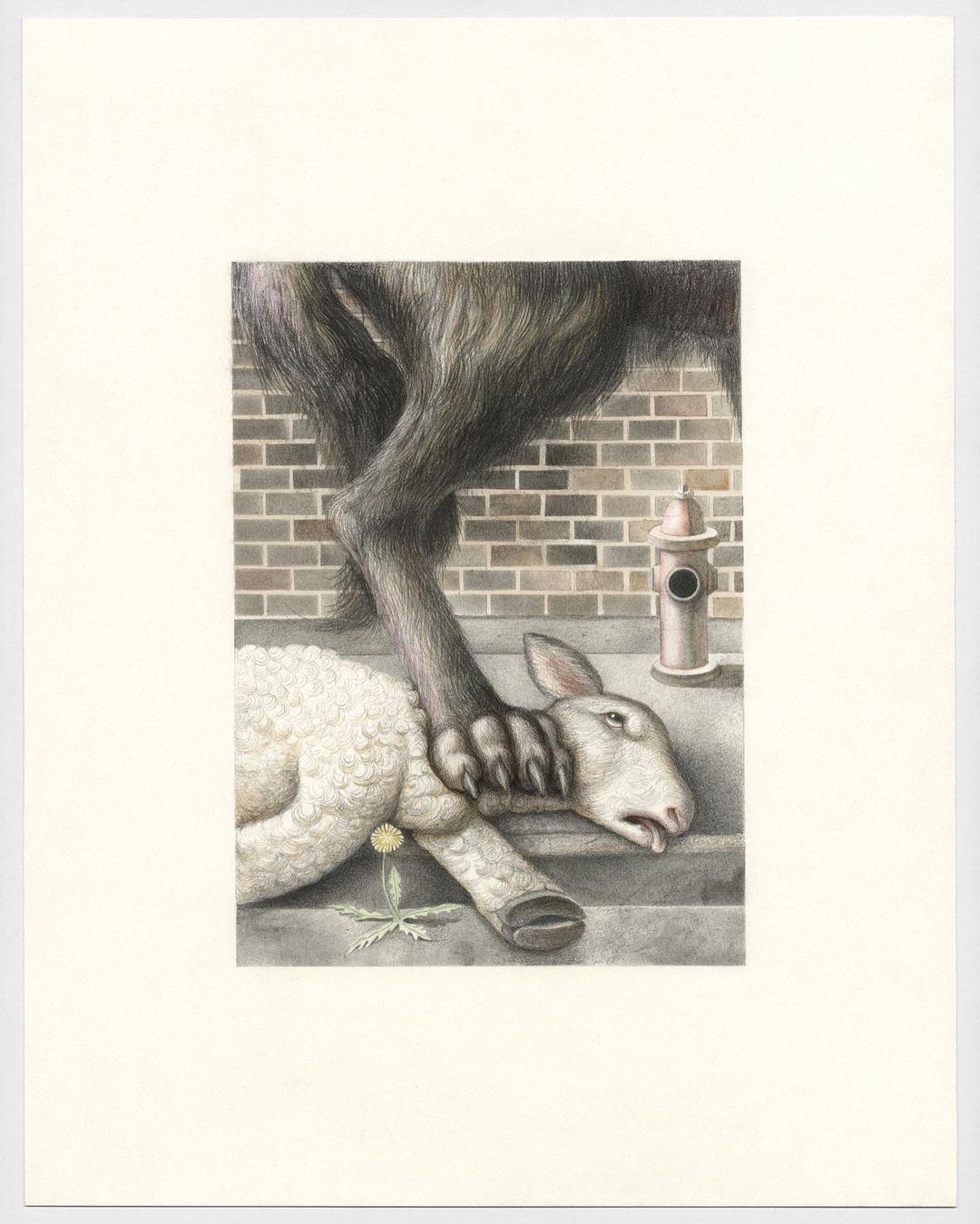 Illustration of a wolf with its paw on a donkey, a lamb lies beneath it, and a fire hydrant stands near a brick wall.