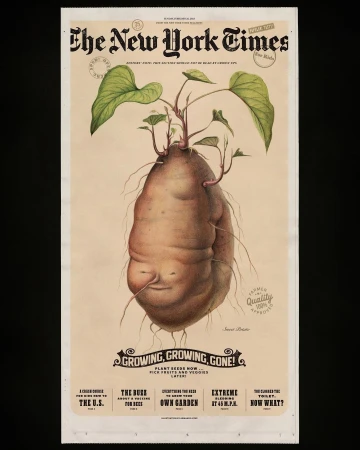 Vintage New York Times cover art featuring a large sweet potato with green sprouts and human-like features, set against a neutral background.