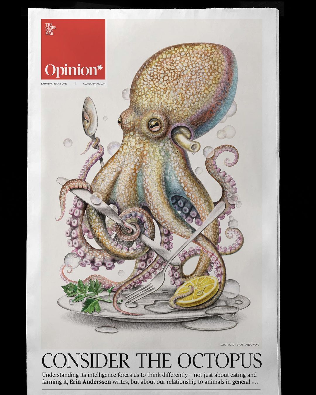 Illustration of an octopus at a dinner table holding a fork and knife, with a slice of lemon and parsley on a plate.