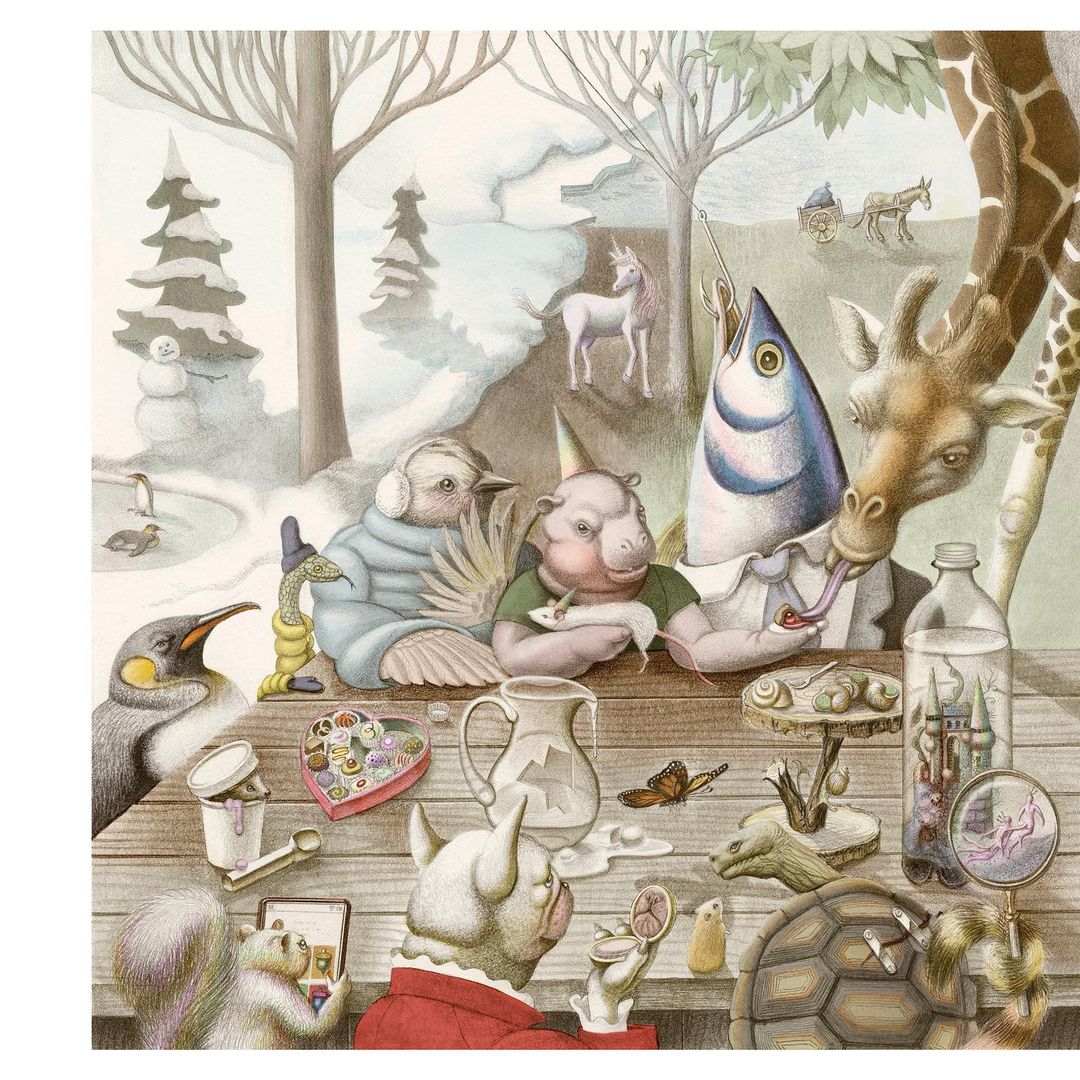 Whimsical illustration featuring a group of anthropomorphic animals, including a fish, giraffe, bird, and rhino, gathered at a table in a snowy landscape.