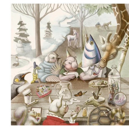 Whimsical illustration featuring a group of anthropomorphic animals, including a fish, giraffe, bird, and rhino, gathered at a table in a snowy landscape.