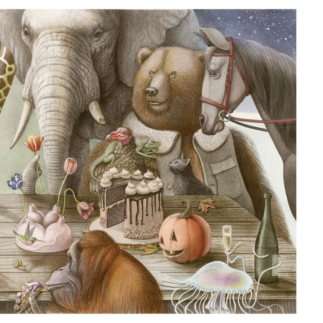 Illustration of animals gathered around a table: an elephant, bear, horse, orangutan, giraffe, turkey, cat, plus a cake and Halloween pumpkin.