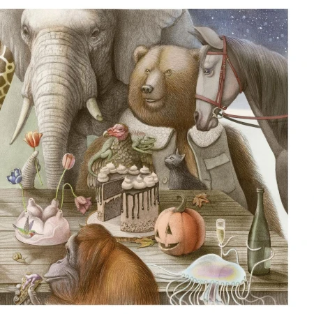 Illustration of animals gathered around a table: an elephant, bear, horse, orangutan, giraffe, turkey, cat, plus a cake and Halloween pumpkin.