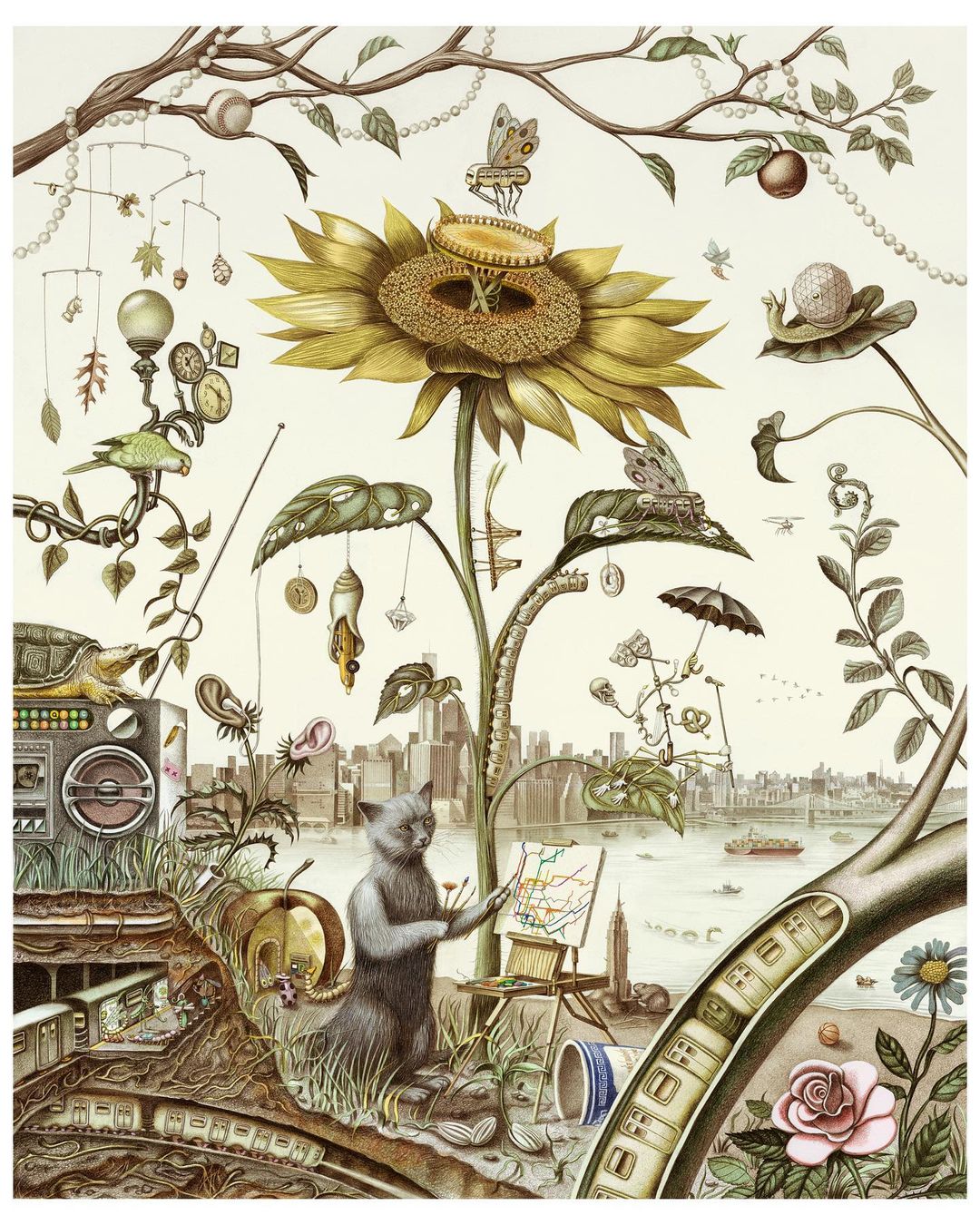 Detailed surreal illustration of a cat painting the New York City skyline, surrounded by flowers, greenery, and other whimsical elements.
