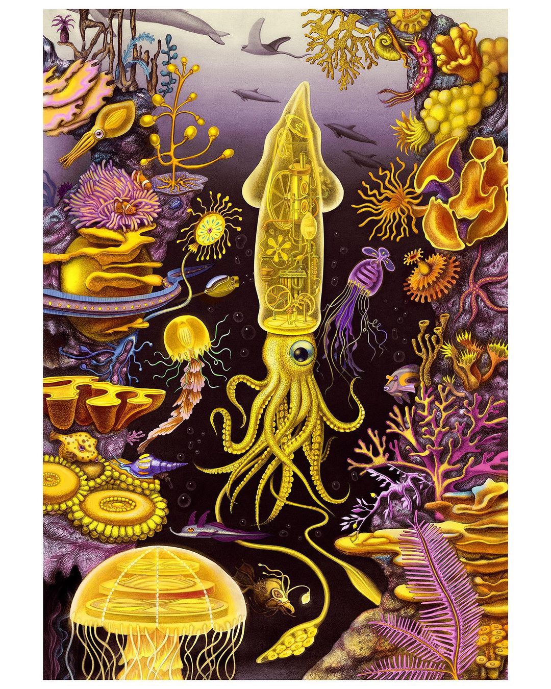 Surreal illustration of a transparent yellow squid with visible internal mechanisms, swimming amidst colorful coral and sea life.