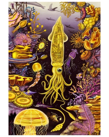 Surreal illustration of a transparent yellow squid with visible internal mechanisms, swimming amidst colorful coral and sea life.