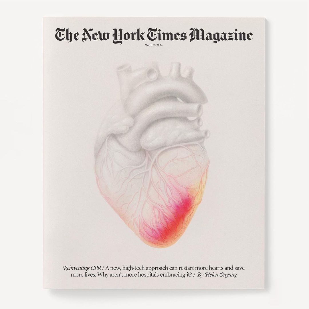 New York Times Magazine cover featuring an illustration of a human heart with a focus on medical innovation and healthcare.