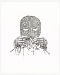 Detailed pencil illustration by Armando Veve of hands knitting a balaclava mask out of yarn, centered on a white background