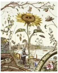 Detailed botanical illustration of a giant sunflower with a cat painting at an easel against a detailed cityscape background.