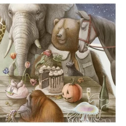 Detailed pencil illustration by Armando Veve featuring various animals gathered around a wooden table with cake and a carved pumpkin.
