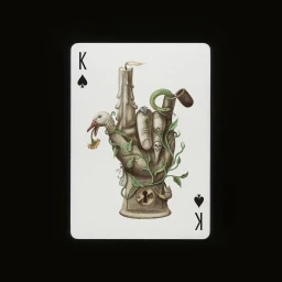 Surreal king of spades playing card illustration featuring a textured hand entwined with vines, a melting candle, and various animals.