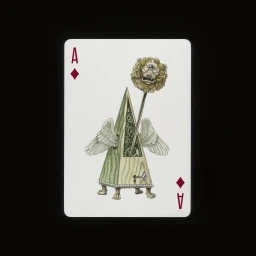Surreal playing card illustration featuring a mechanical metronome creature with wings and a single-eyed lion head.