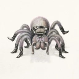 Surreal pencil illustration of a hairy spider wearing black leather boots and a harness by illustrator Armando Veve.