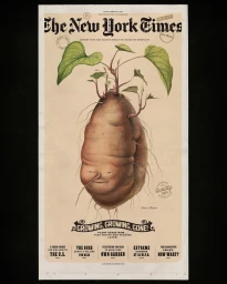 An illustrated New York Times front page featuring a large, anthropomorphic potato with green leaves growing from the top.