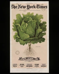 Detailed editorial illustration of a green head of lettuce with exposed roots on a vintage newspaper page by Armando Veve