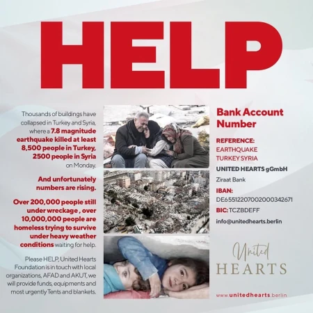Image showing earthquake disaster relief featuring text, people comforting each other, and collapsed buildings, conveys a message of help.