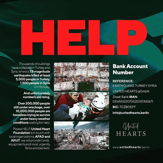 Image shows a collage about the Turkey-Syria earthquake with photos of damaged buildings, rescue workers, and a large 'HELP' headline.
