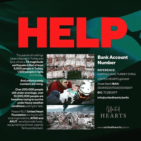 Image shows a collage about the Turkey-Syria earthquake with photos of damaged buildings, rescue workers, and a large 'HELP' headline.