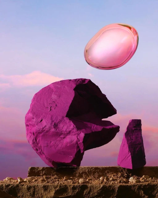 Abstract product shot: Pink, magenta-painted rocks are stacked on a stone ledge with a floating, translucent pink sphere overhead against a dusk sky.