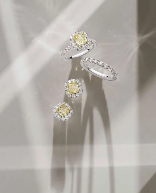 Elegant jewelry still life featuring two diamond rings and diamond earrings, set against a neutral background with soft, filtered light.