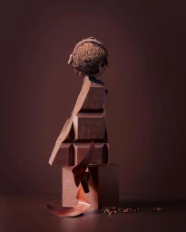 An artistic figure composed of chocolate blocks, a scoop of chocolate ice cream, and a curled chocolate ribbon on a brown background.