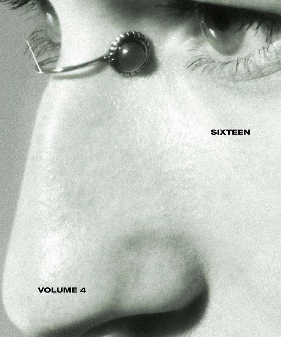 Close-up of a human face, predominantly in shades of gray. An ornate metal adornment is attached near the eyebrow, eye, and lashes.
