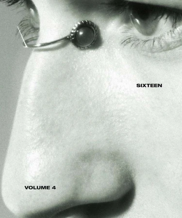 Close-up of a human face, predominantly in shades of gray. An ornate metal adornment is attached near the eyebrow, eye, and lashes.
