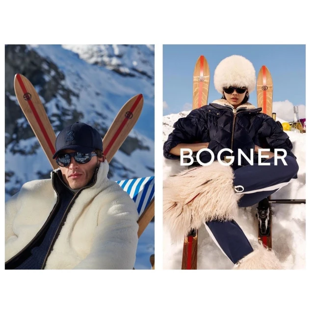 Two-image fashion ad with an adult male in a white jacket and sunglasses, and an adult female in a jacket with skis and snow.