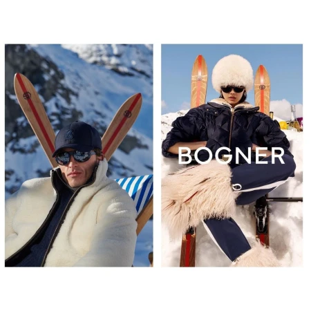 Two-image fashion ad with an adult male in a white jacket and sunglasses, and an adult female in a jacket with skis and snow.