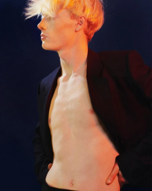 Profile of shirtless adult male with blonde hair wearing black blazer against dark blue backdrop, lit with a red/orange gel.
