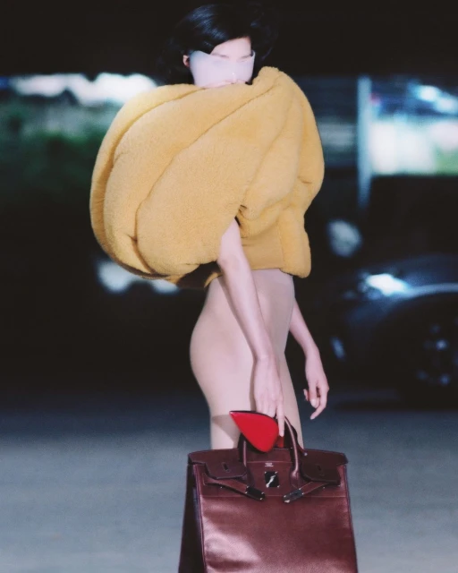 Fashion-forward woman in tan bodysuit and oversized yellow coat carries a brown leather handbag on a dark, blurry street.