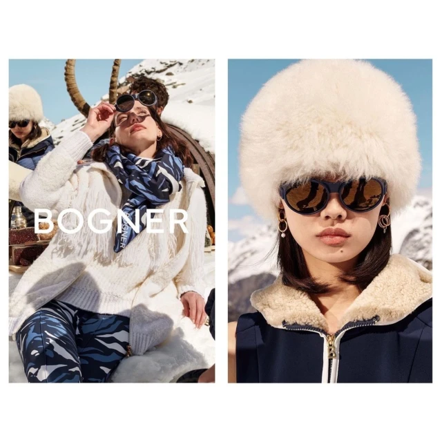 Fashion shot featuring two women wearing winter outfits, fur hats, and sunglasses, set against a snowy mountain backdrop. Bogner branding visible.
