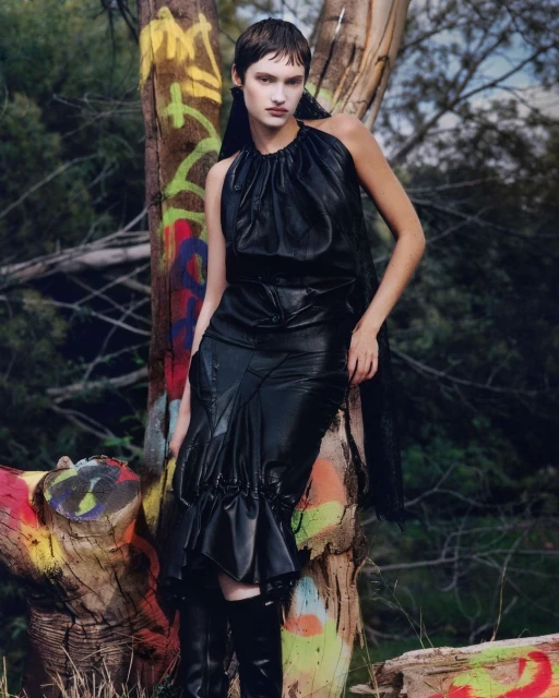 A model in black leather dress poses beside a tree with graffiti in an outdoor setting, creating a striking fashion editorial shot.