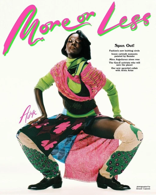 Dark-skinned woman in a brightly colored knit outfit strikes a dynamic pose in a fashion editorial; studio shot with graphic magazine text.