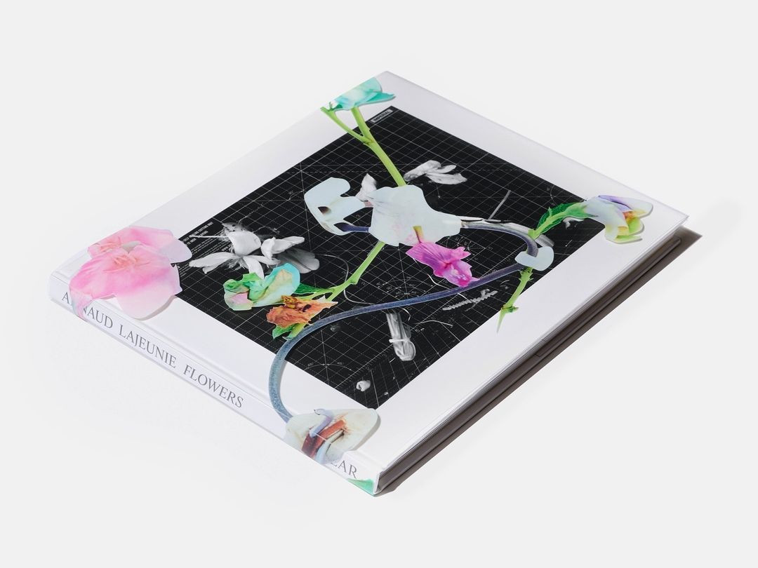 Elevated view of a book with a black grid cover adorned with colorful translucent flowers and tubing on a white background.