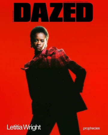 Magazine cover featuring Letitia Wright in a plaid suit against a vibrant red background with the 'Dazed' logo prominently displayed.