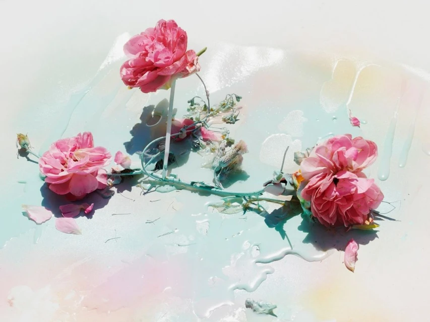 Floral still life features pink roses with green stems on a white and light blue surface, accented by scattered petals and water droplets.
