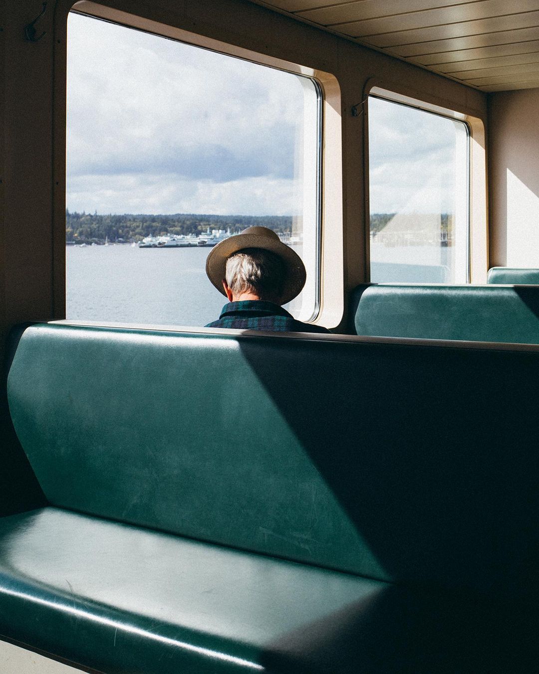 An adult sits on a green train seat looking out the window at a body of water with a cloudy sky and trees in the distance.