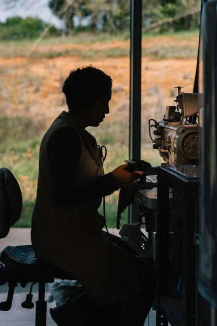 Silhouette of a seated woman working at a sewing machine indoors, with a rural landscape seen through a window in the background.