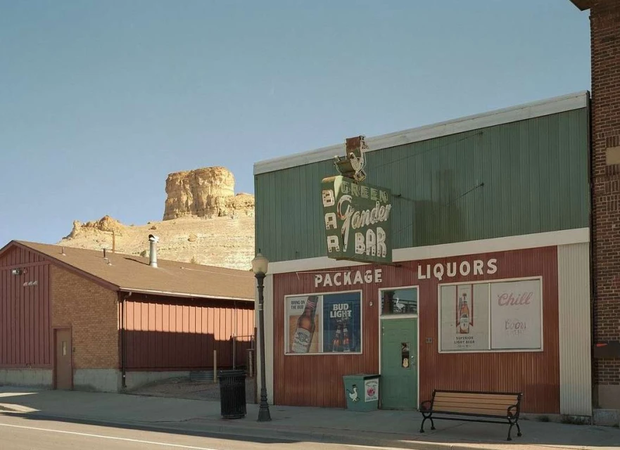 A roadside view captures the Green Gander Bar, inviting with its rustic charm, set against a backdrop of a mesa under a clear sky.