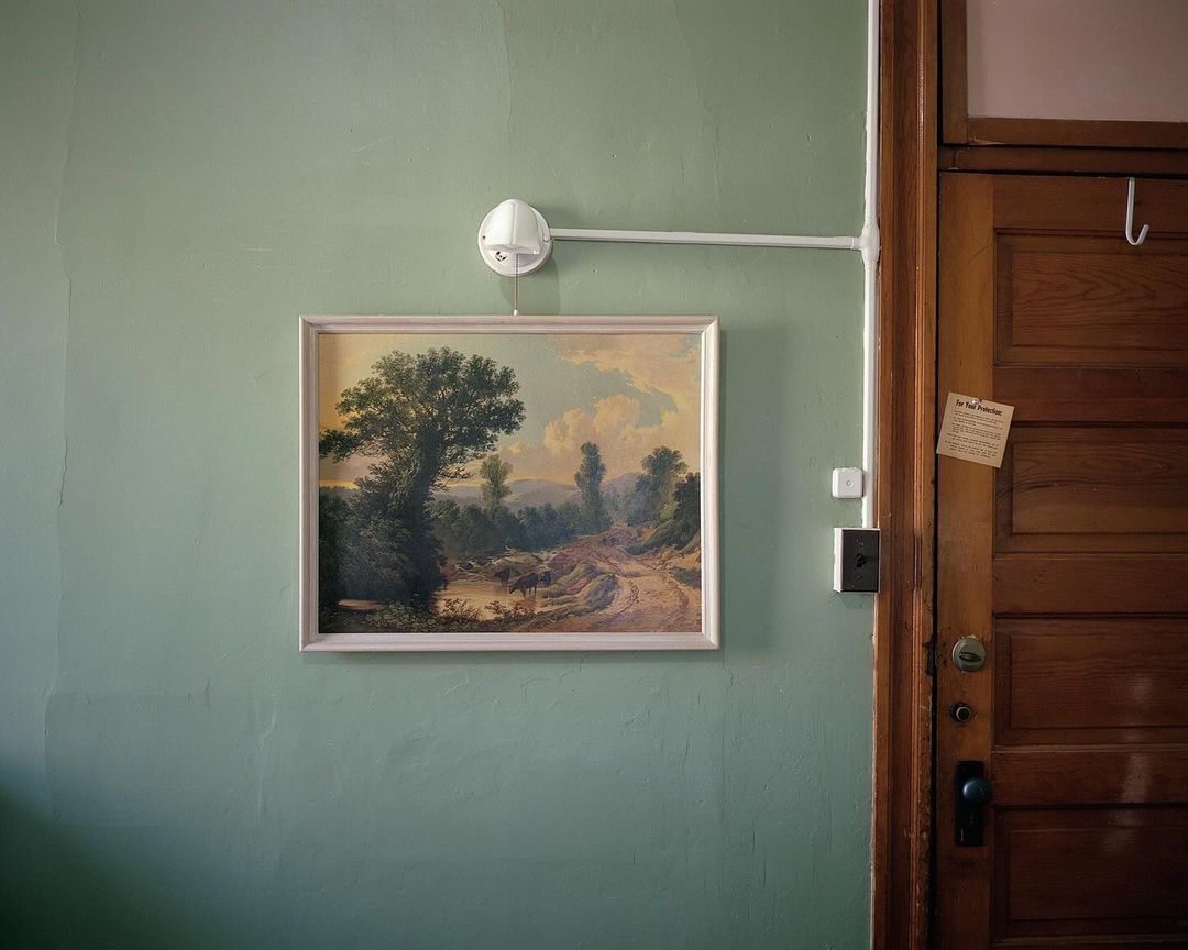 Landscape painting with a winding path and a tree, hanging on a green wall next to a brown wooden door with white trim.