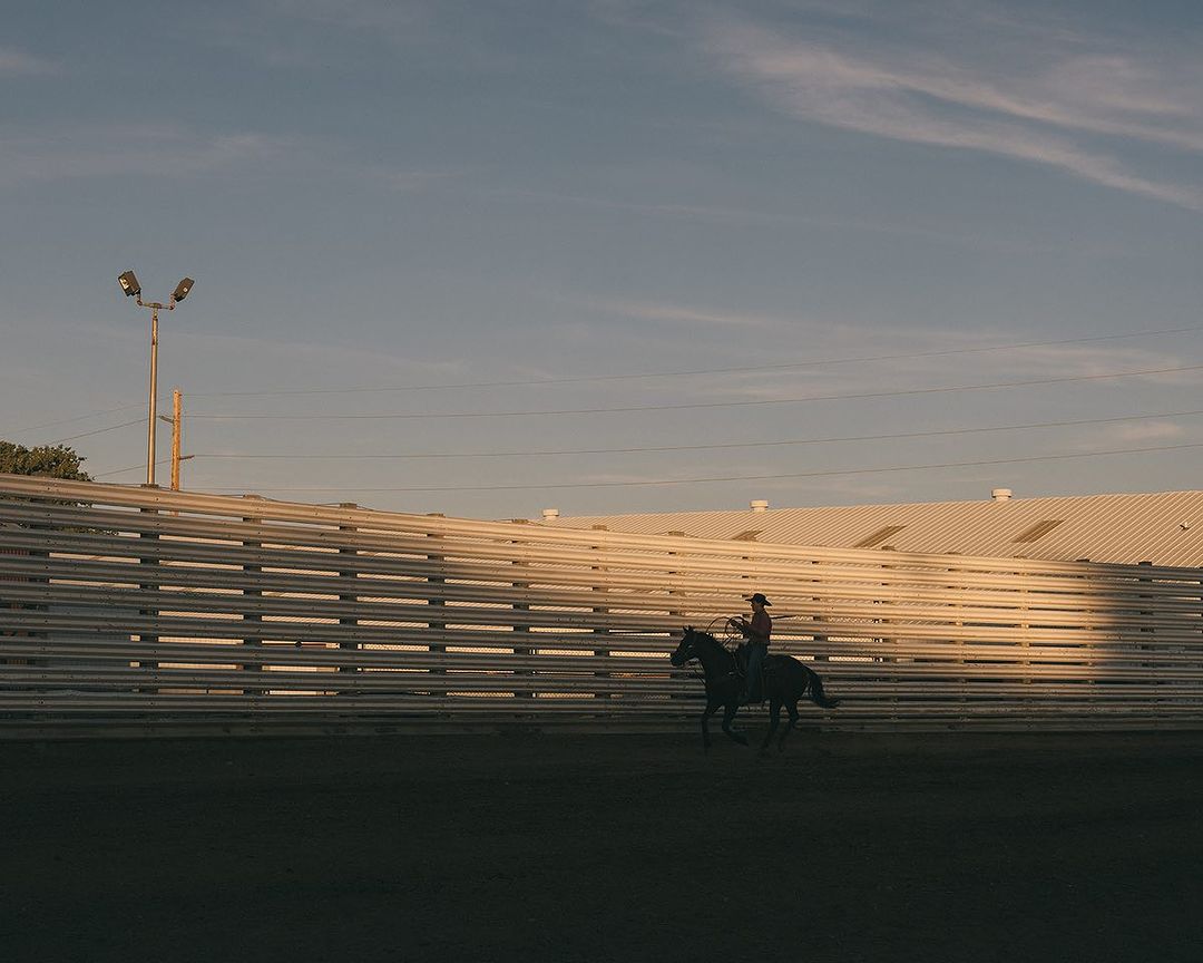 A lone cowboy on horseback practices roping in a sunlit rodeo arena against a blue sky and wooden fence backdrop at golden hour.