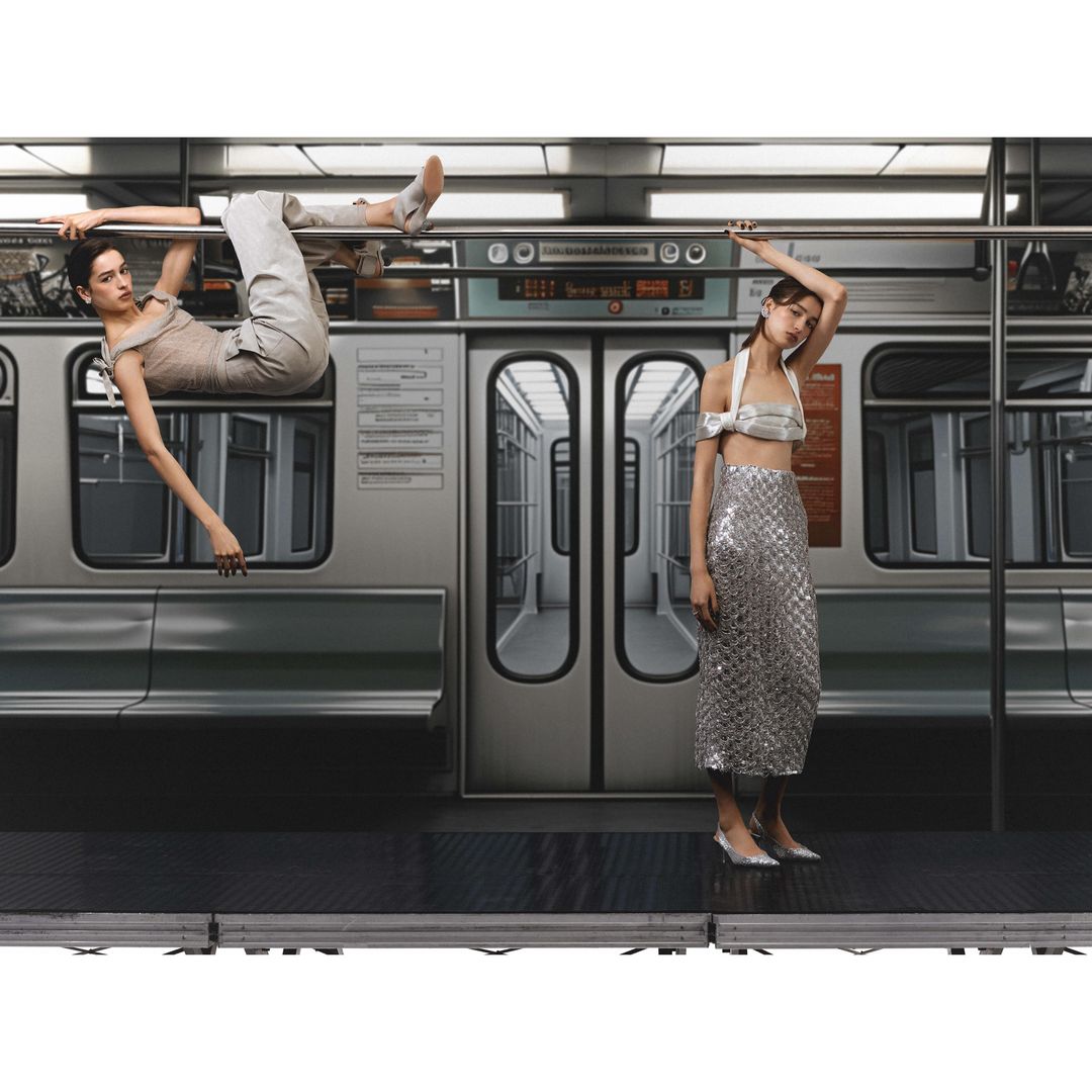 Two women in fashionable clothing inside a subway car, one hanging from a bar, the other standing, shot with studio lighting.