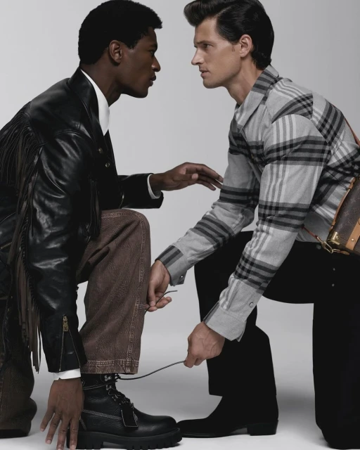 Two men in a fashion shot sitting together, one tying the other's boot. Dark leather jacket, jeans, plaid shirt, boots, and a neutral background.