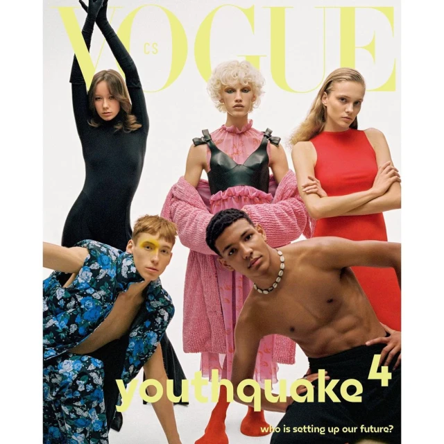 Vogue cover featuring five models in various outfits against a white backdrop, showcasing diverse fashion styles and vibrant colors.