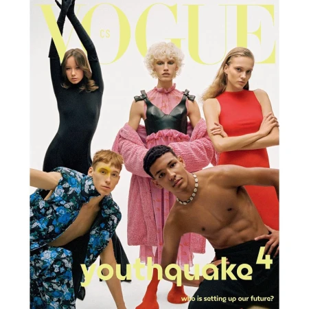 Vogue cover featuring five models in various outfits against a white backdrop, showcasing diverse fashion styles and vibrant colors.