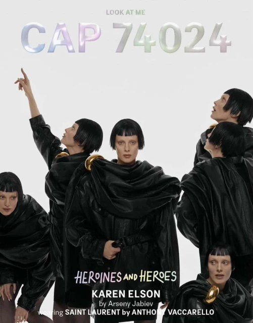 Collage of adult female fashion model with black bob haircut wearing draped black leather jacket with gold brooch against a white background.