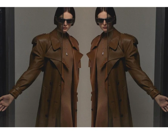 Model in dark sunglasses and brown leather coat with split vertical mirror effect by Arseny Jabiev