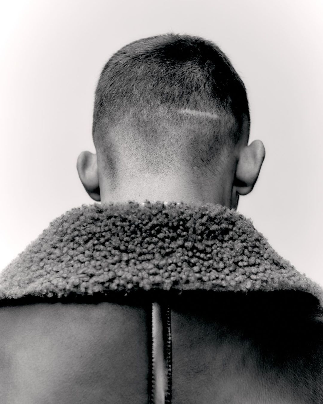 Close-up, back view of a person with short hair wearing a collared jacket against a plain white background in black and white.